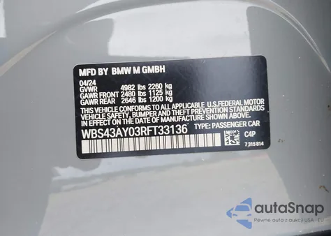 2024 BMW M3 Competition xDrive z USA, uszkodzony, nr VIN WBS43AY03RFT33136